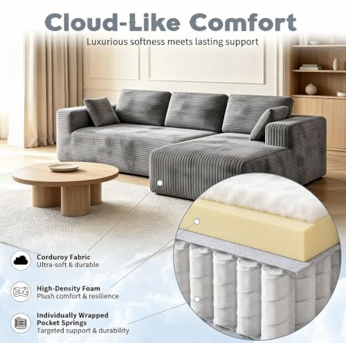 Image of 93 inch L-Shaped Modular Sectional Sofa with Chaise, Boneless Corduroy Cloud Couch with Deep Seat and Oversized Comfort, Flexible Module Combination for Living Room, No Assembly Required
