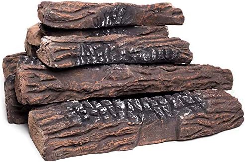Large Gas Fireplace Logs | 10 Piece Set of Ceramic Wood Logs. Use in Indoor, Gas Inserts, Vented, Electric, or Outdoor Fireplaces Fire Pits Accessories