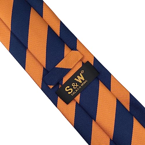 S&W SHLAX&WING Gravata de seda para homem gravata listrada azul laranja clássico tamanho 147cm