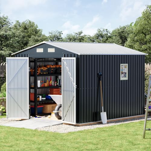 Image of Breezz 10X8FT Outdoor Steel Storage Shed with Clear Window, Lockable Doors, Frame Floor,Weather-Resistant Metal Tool Shed for Garden, Backyard, Patio, and Utility Storage
