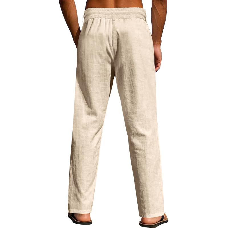 Men's Casual Linen Pants Loose Fit Elastic Drawstring Waist Straight-Legs Buttoned Summer Fashion Outdoor Yoga Pants2