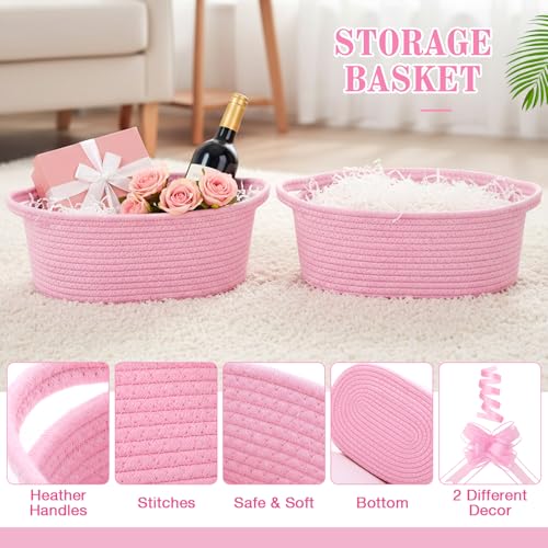 Image of Colingmill Woven Basket with Gift Bags and 2 Ribbons, Raffia Grass Paper Shred Filler, Gift Card, Empty Small Rope Basket for Storage Presents Toy Organizer(Pink,12 * 8 Inch)