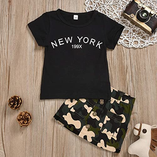 Toddler Baby Girls Camouflage Outfit Black Letter Tops T-Shirt + Skirt Dress Shorts Summer Two Piece Clothes Set (Black,6-12 Months)