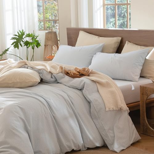 Image of MooMee Striped Duvet Cover Set 100% Washed Cotton Linen Like | Relaxed Linen-like Texture. Soft, Breathable & Long-lasting Comfort. Lightweight. Hidden Zipper with 8 Interior Corner Ties