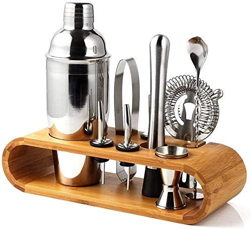 10 Pieces Cocktail Making Bar Tool Set Martini Shaker Bartender Kit with Display Stand, 750ml Cocktail Shaker, pourers, Double sided Jigger, Mojito Muddler, Mixing Spoon, Hawthorne strainer, Ice tongs