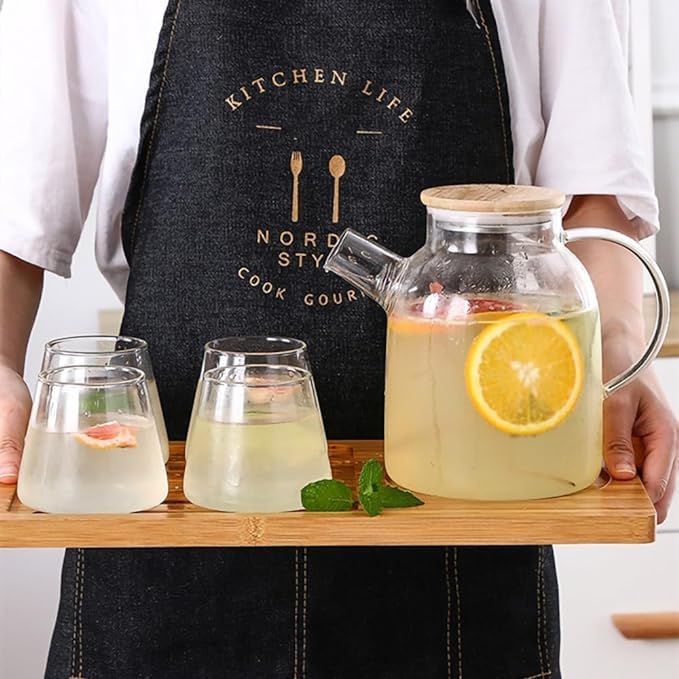Image of Glass Jug with Lid Ice Tea Water Jug Hot Water Ice Tea Drinking Beverage Jug, Water Jug Glass Material with Wooden Lid, 1.8 Liter (TRANSPERENT)