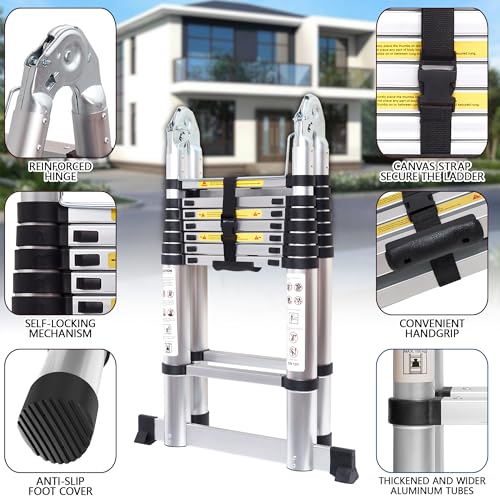 16.5 FT A-Frame Telescoping Ladder,8+8 Step Ladder,330LBs Load Capacity,Portable Extension Ladder Multi-Purpose Collapsible for Stairs Home Indoor Outdoor Roof (Silver, 5M(2.5m+2.5m)/16.5FT A Frame) — view 5