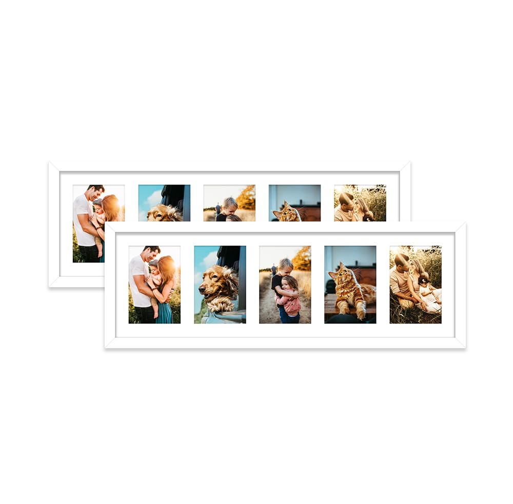 White Multi Photo Frame - Holds 5 x 6x4 Pictures, Family Collage Picture Frame for Wall Display, 8x26 Panoramic Frame Size, Set of 2