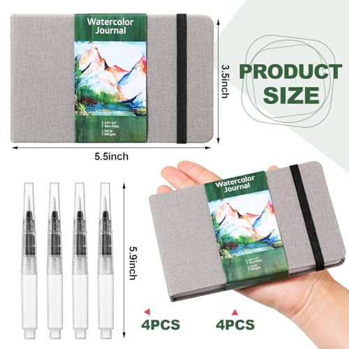 Image of Dispowreath 4 Set Watercolor Sketchbook Journal with Watercolor Brush Pens 300 GSM Cotton Paper Portable Square Small Pocket Notebook Travel for Painters Art Supplies(Grey,3.5 x 5.5 Inch)