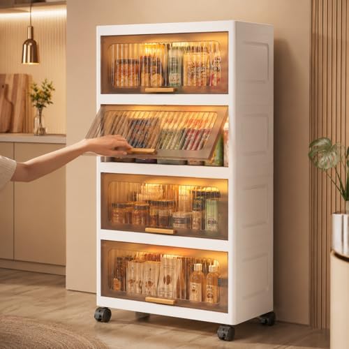 Image of KRISHYAM Modular Plastic Storage Cabinet with Translucent Doors & Wheels | Multi-Tier Clothes & Utility Organizer | Dustproof Freestanding Wardrobe (4 Layer - 4 Door (White))