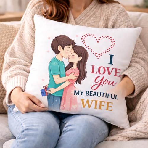 Image of Romantic Love Cushion for Wife & Husband - 16x16 Inch, for Anniversary, Birthday & Valentine's Day, Premium Filler - My Wife Love
