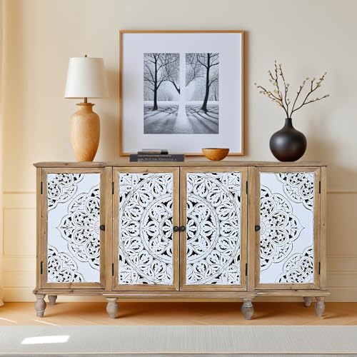 Image of Solid Wood Frame Farmhouse Buffet Cabinet, Antique White Carved 4-Door Shabby Chic Sideboard with Storage for Dining Room, Vintage Decorative Storage Console