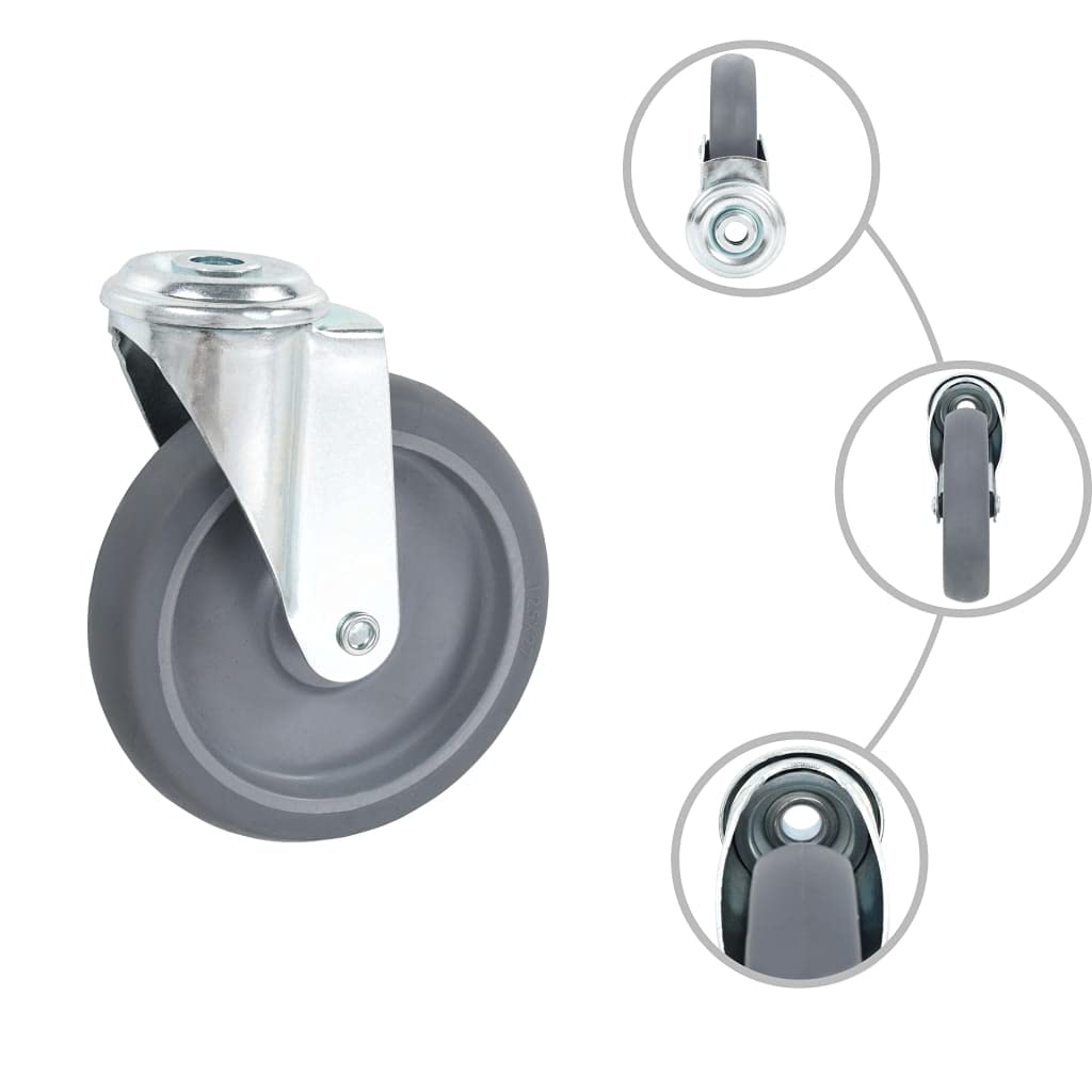 Ruote girevoli con foro per bulloni, 4 pezzi, 125 mm TPR grigio, ferro zincato, 80 kg per ruote, 2 con doppi freni, per banco da lavoro, carrello, carrello e logistica di magazzino