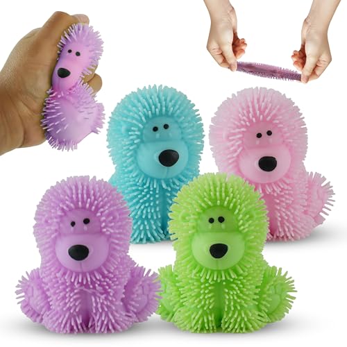Poochie Poodle Squishy Toys 4Pcs, Kids Stress Relief Jiggly Dog Puffer Balls, Sensory Fidget Toys for Boys Girls, Party Bag Fillers, Stretchy Anxiety Relief Gifts