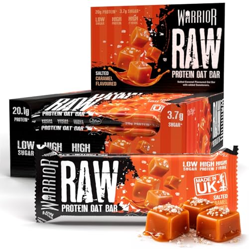 Warrior RAW Protein Bars 12 x 75g 20g High Protein Bar Low Sugar High Fibre Oat Protein Flapjack Protein Snacks Meal Replacement Bars (Salted Caramel)