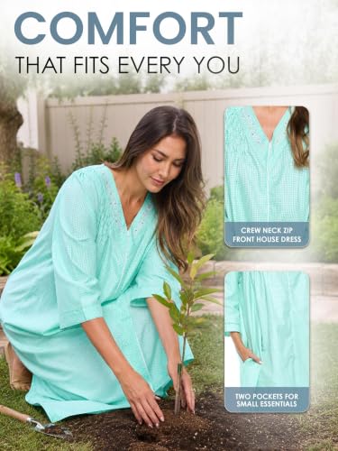 Image of Casual Nights Women's Zip Front Woven House Dress | 3 /4 Sleeves Housecoat Long Duster Lounger
