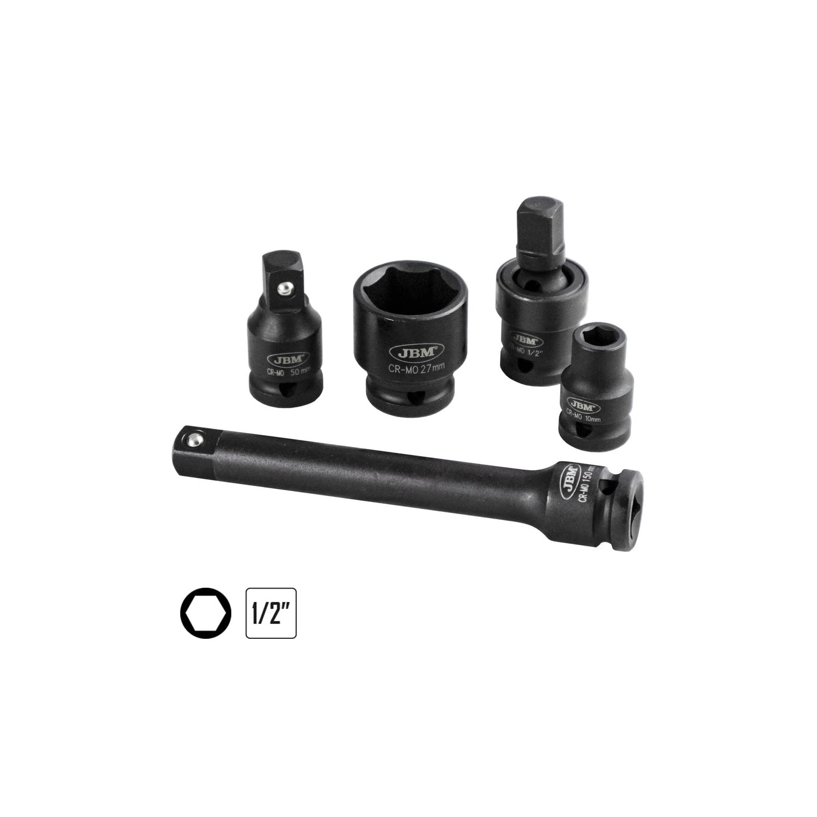 JBM Set DE 19 Piezas DE Impacto DE 1/2" con 14 Vasos HEXAGONALES + ADAPTADORES