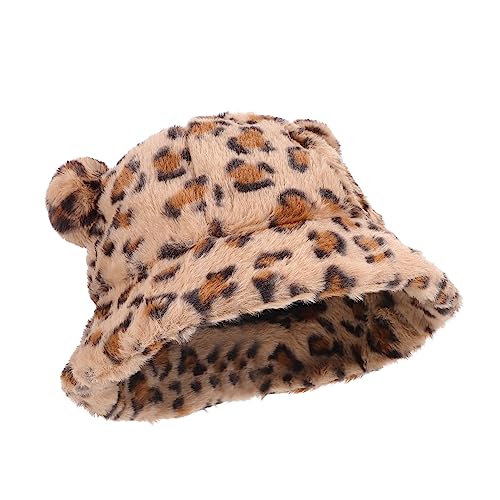 Holibanna Adorable Plush Fisherman Hat with Little Bear Ears Comfortable Winter Cap for Women Stylish Furry Design for Skiing Snowboarding and Outdoor Activities Leopard