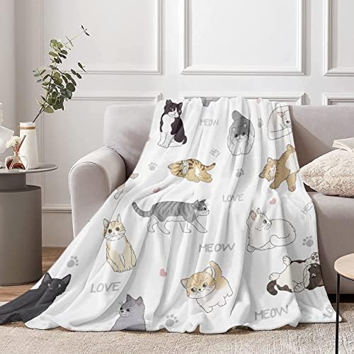Cat Print Throw Blanket for Kids, Cute Cartoon Soft Cozy Fluffy Flannel Blanket with Cats on It for Girls, 50x60 inch Warm Kitten Theme Fleece Blanket for Teen Cat Lovers Sofa Couch Birthday Gift