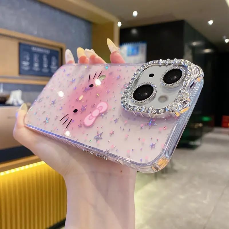 Image of mobistyle Designed for iPhone 14 Plus,Cute Sparkling Cat Pattern Camera Protection Back Cover Case for Women Girls | iPhone 14 Plus,Pink |