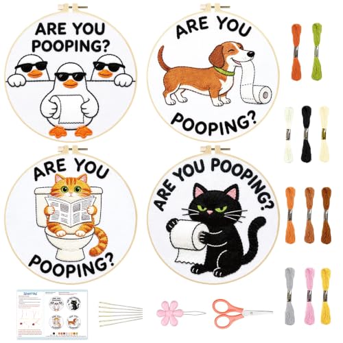 Image of BEUNITONE 4 Pack Beginner Embroidery Kit for Adults, Funny Animal Pre-Stamped Pattern Needlepoint Kits with Hoop, Tools & Instruction, 7.9 inchx7.9 inch Hand Embroidery Kits for Fabric and Home Decor
