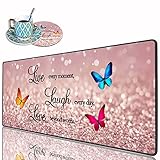 Desk Pad Mat Gaming Mouse Pads with Coasters, 31.5'x 11.8' XXL Large Gaming Mouse Mat Desk Pad with Non-Slip Base and Stitched Edge for Home Office Gaming Work, Glitter Quote Live Laugh Love