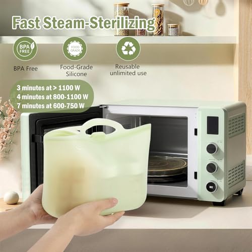 Image of Silicone Travel Bottle Sterilizer Bags | 2000ml Microwave Steam Sterilizer Bags for Baby Bottles, Breast Pump & Pacifiers, Reusable Steam Sterilizing Bags for Travel and Home Use(Clear Green)