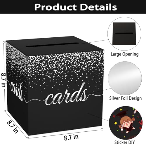Image of Black Card Box for Party, 8.7 inch Cards Star Silver Foil Design Gift Cards Receiving Box Holder for Wedding, Bridal Shower, Graduation, Birthday, Retirement, Baby Shower, Anniversaries Party Decorations