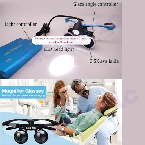 Image of Dental Surgical Working Distance Optical Binocular Glass Loupes with led Head Light & Battery in Filter Aluminum Box Style (Silver) (Magnification: 3.5 X4.20mm)