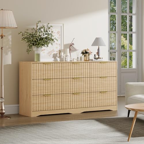 Image of Fluted 9 Drawer Dresser for Bedroom, 63 inch Wide Modern Wooden Chest of Drawers with Metal Handles, TV Stand & Closet Storage Organizer for Living Room,Hallway, Natural Wood