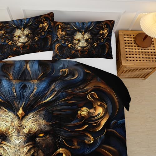 Image of Black and Gold Lion Comforter Set Queen Bed Set,Lion Animal Print Bedding Queen Size,with 1 Comforter with 2 Pillow Case,Animal Themed Bedroom Decor