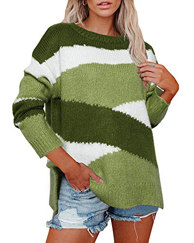Ybenlow Womens Colorblock Oversized Crewneck Sweaters Striped Long Sleeve Slit Chunky Loose Pullover Knit Jumper Tops Green