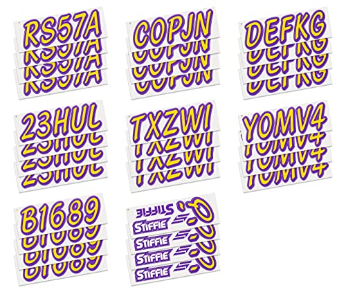Image of STIFFIE Whipline Solid Yellow /Purple 3 inch Alpha-Numeric Registration Identification Numbers Stickers Decals for Boats & Personal Watercraft