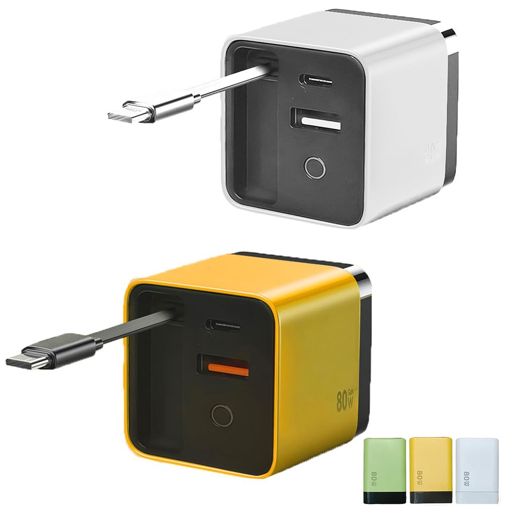 3 in 1 Fast Charger, 80 Watt Retractable Charger, Scalable Fast Charger Module with Type C Cable and 2 USB Ports Portable Fast Charging Wall Plug for