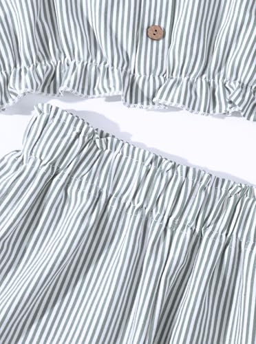 Image of Girl's Summer Clothing Sets Knit Ruffle Striped T-Shirt and Shorts 2 Piece Outfits