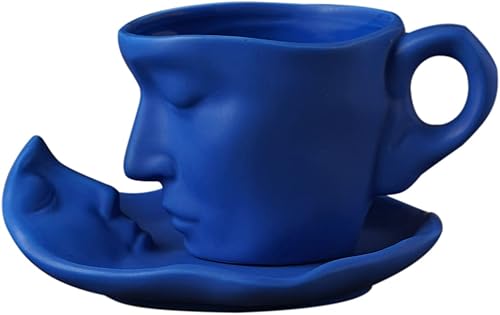 Juego de tazas de café de cerámica con platillo y cuchara, taza de cara creativa, tazas de té de arte abstracto, regalo romántico para esposa,