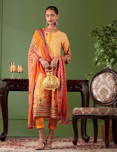 Image of BIBA Women Cotton Straight Kurta Slim Pants Suit Set