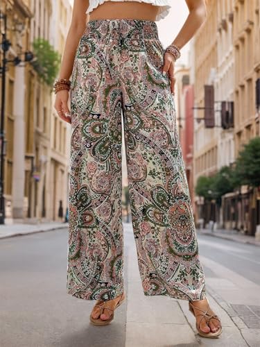 Womens Casual Wide Leg Pants Ruffle Elastic Drawstring Beach Palazzo Loose Pants Comfy Trousers4