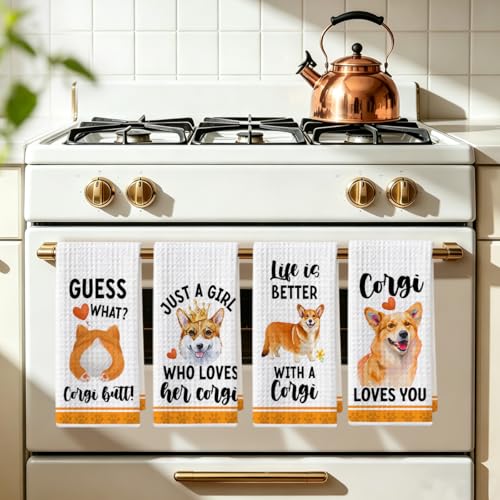 Image of 4 Pcs Funny Corgi Kitchen Towels 24x14 Inch, Corgis Decorative Waffle Weave Dish Towels, Dog Hand Tea Towels for kitchen Home Farmhouse Bathroom Decor, Corgi Gifts for Women Mom Friend Grandma