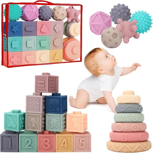 vvhippo Jeux Montessori Bébé 6-12 Mois, Cube Sensoriels Souples a Empiler, Cube d'activité Bébé, Jeux Educatif Jouets d'éveil pour Bebe Enfant 6 9 12...