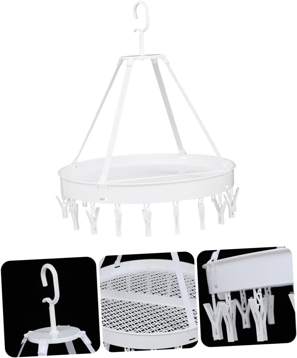 Foldable Underwear Drying Rack with 18 Clips, Single-Layer White Clothes and Socks Hanger for Balcony Windproof Indoor Laundry Organization