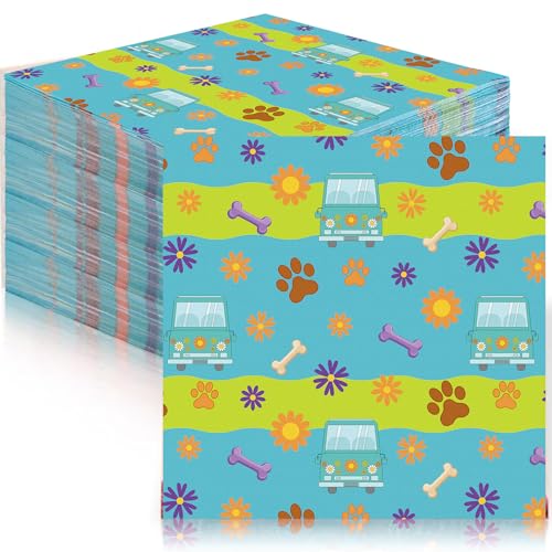 Marspark 100 Pcs Mysterious Car Hippie Paper Napkins Cartoon Dog Party Supplies Disposable Paw Daisy Flower Mystery Bus Cocktail Napkins for Themed Party Birthday Supplies(6.5 x 6.5 Inches)