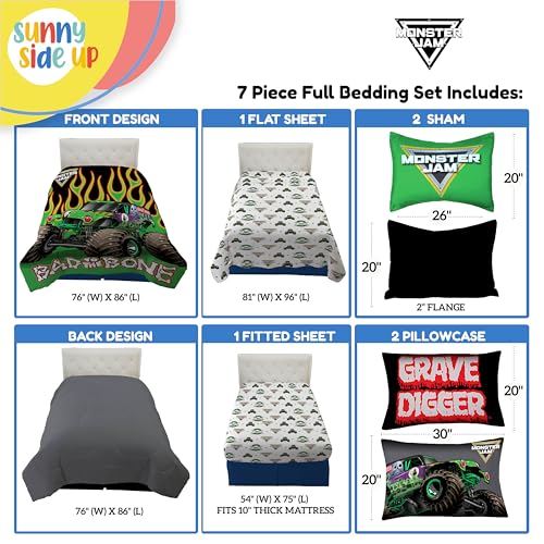 Image of Sunny Side Up Monster Jam Full Comforter Set - 7 Piece Kids Bedding Includes Comforter, Sheets & Pillow Cover - Super Soft Trucks Microfiber Bed Set