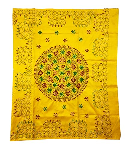 Image of SHRISTI CLOTHINGS Women's Hand Embroidered Cotton Silk Kantha Stitch Saree with Blouse Piece (J420824 YELLOWD92)