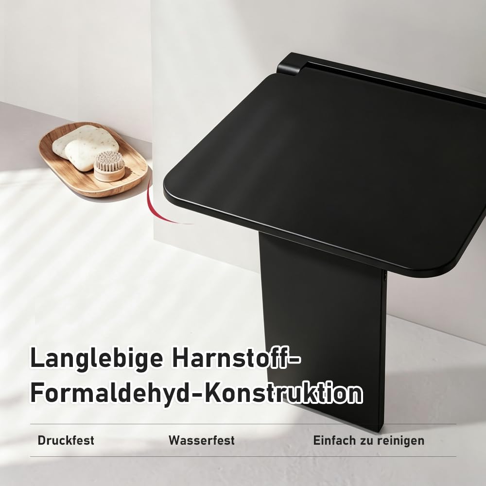 Duschsitz Klappbar Wandmontage,Duschhocker Klappbar mit Dämpfung,40x34.5cm Hocker belastbar bis 200 kg,Badezimmerhocker platzsparender Wandduschhocker für Badezimmer Renovierung&Neubau,Schwarz