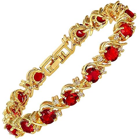 RIZILIA Blossom Tennis Bracelet & Round Cut CZ [Simulated Red Ruby] in Yellow Gold Plated, 7" Cover