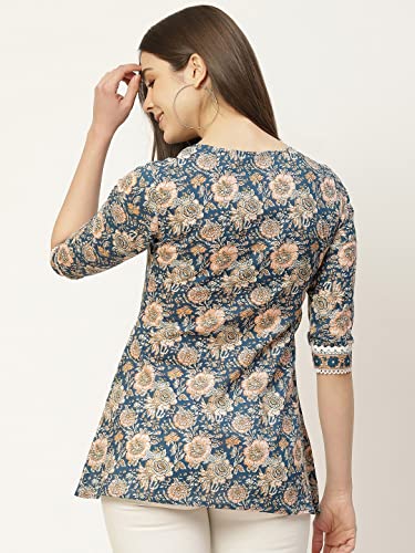 Image of FABRIC FITOOR Womens Floral Print Cotton A-Line Top (Blue)
