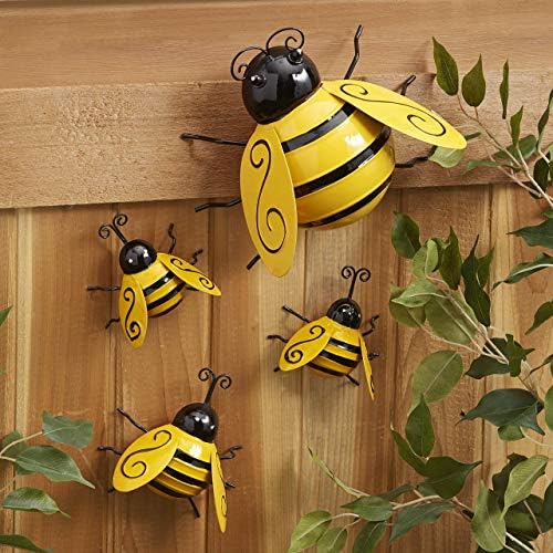 Miyolo Metal Bumble Bees Yard Art Decorations Garden 3D Iron Honeybee Fence Sculpture Figurine Accents for Outdoor Home Wall Decor Ornaments (Set of 4)