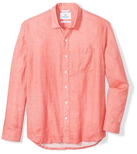 28 Palms Men's Relaxed-Fit Long-Sleeve 100% Linen Shirt, Coral, Medium