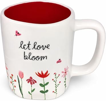 Rae Dunn Valentines Day Coffee Mug, White - Let Love Bloom - Ladybug Floral